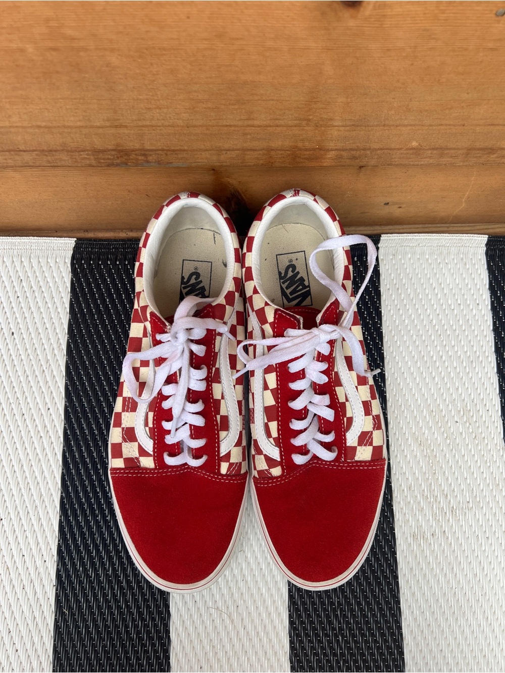 Vans Old Skool Checkerboard Sneakers in Red and White - Picture 2 of 5